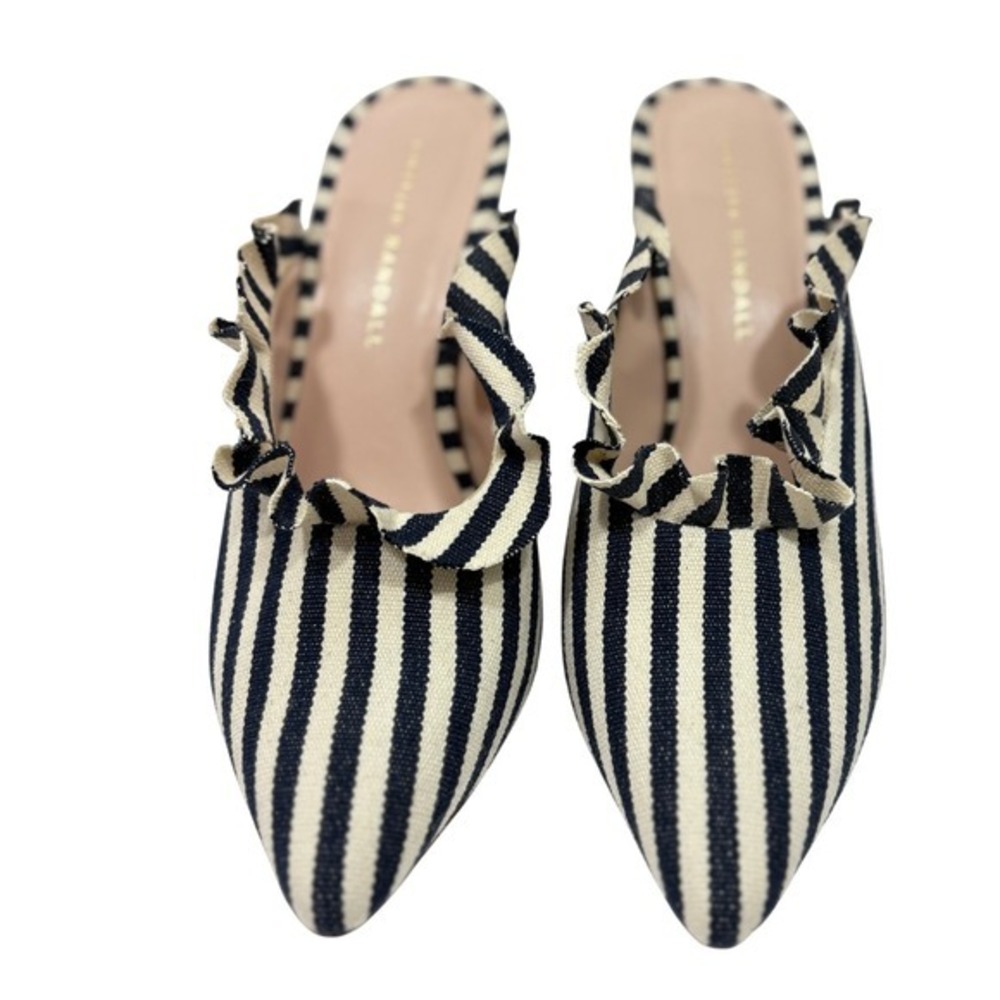 Loeffler Randall Langley Ruffle Mules Navy White Striped Woven Heels 8.5 B - Picture 7 of 7